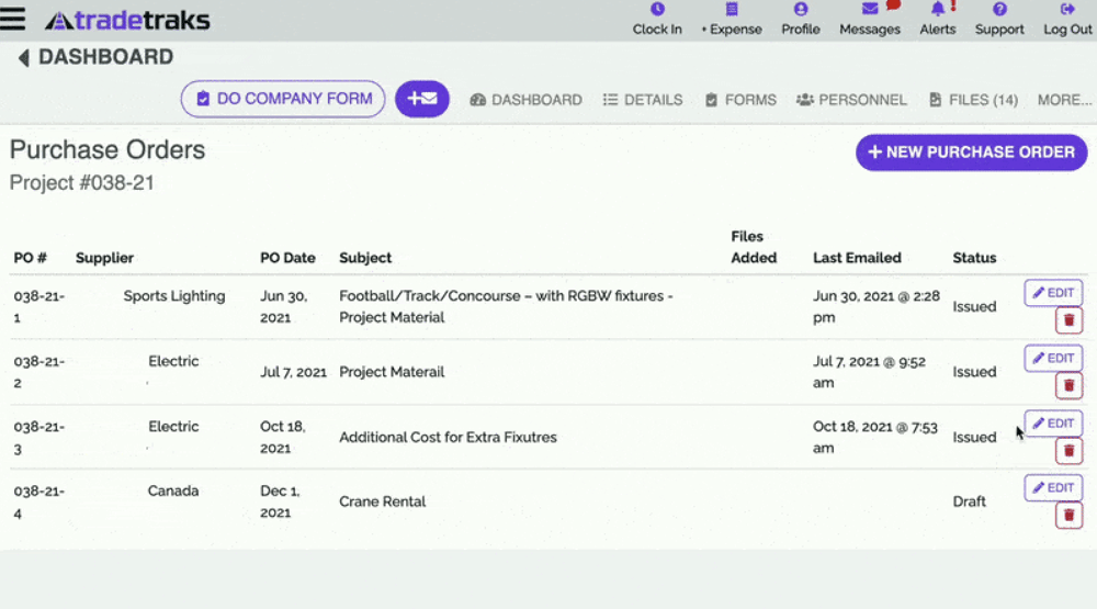 Tradetraks FinTrak Embedded Purchase Orders